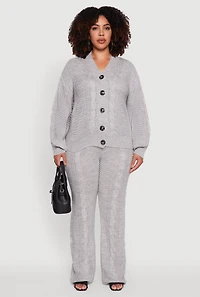 Womens Plus High Waisted Cable Knit Flared Leg Pants, Grey,