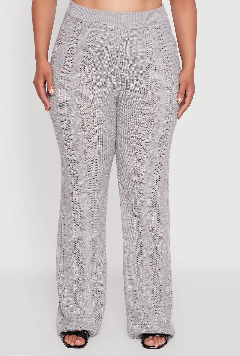 Womens Plus High Waisted Cable Knit Flared Leg Pants, Grey,
