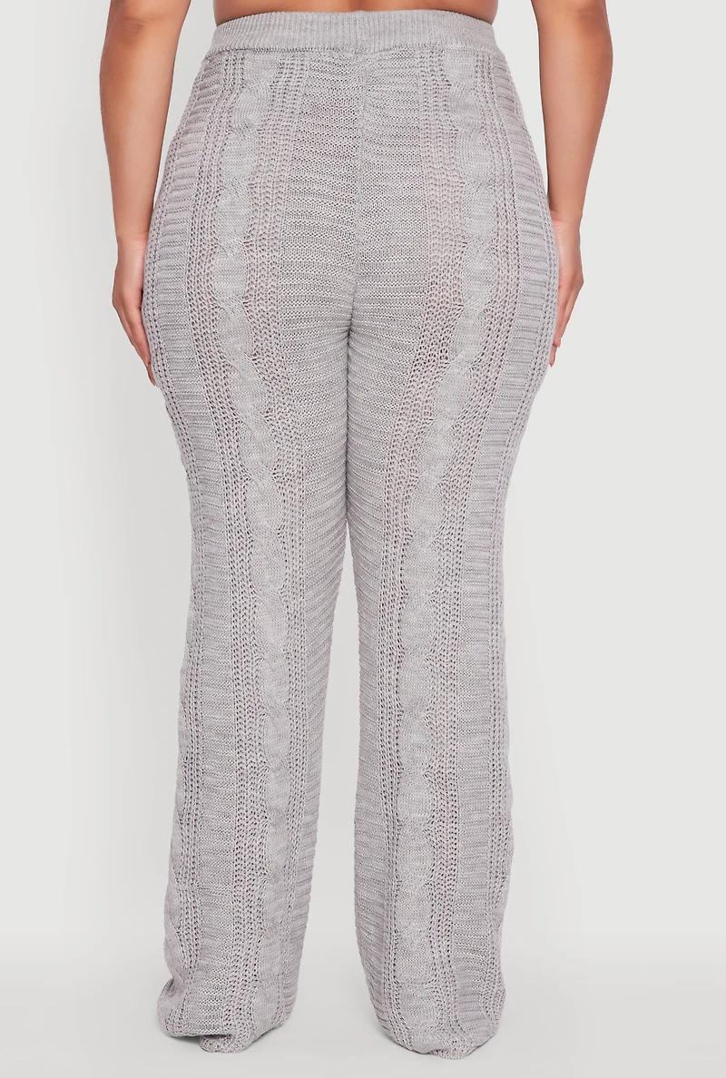 Womens Plus High Waisted Cable Knit Flared Leg Pants, Grey,