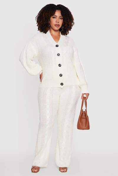 Womens Plus Size High Waisted Cable Knit Flared Leg Pants, White, Size 2X