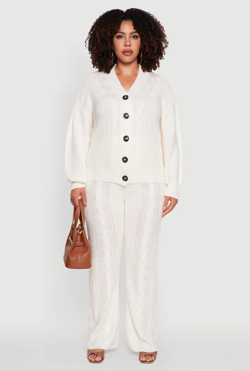 Womens Plus Size High Waisted Cable Knit Flared Leg Pants, White, Size 2X