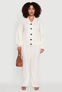 Womens Plus Size High Waisted Cable Knit Flared Leg Pants, White, Size 2X