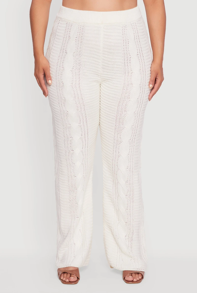 Womens Plus Size High Waisted Cable Knit Flared Leg Pants, White, Size 2X