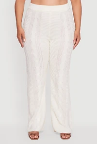 Womens Plus Size High Waisted Cable Knit Flared Leg Pants, White, Size 2X