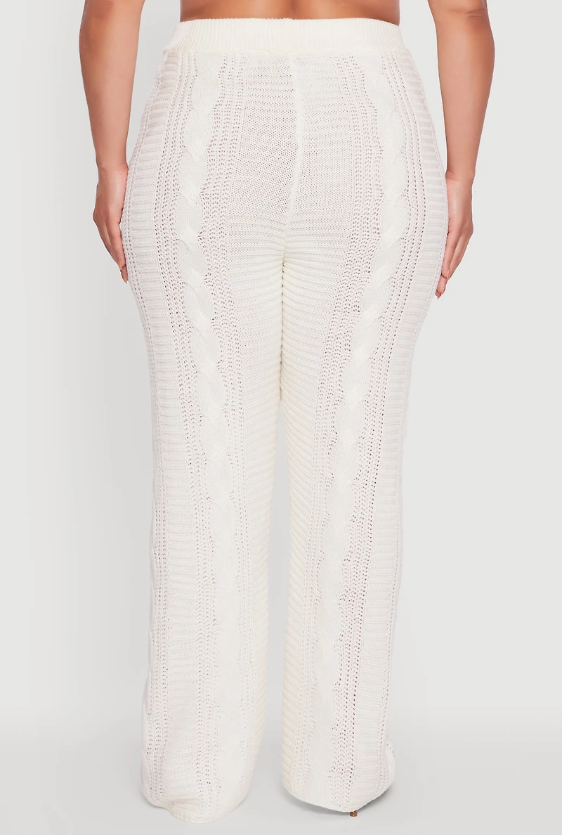 Womens Plus Size High Waisted Cable Knit Flared Leg Pants, White, Size 2X