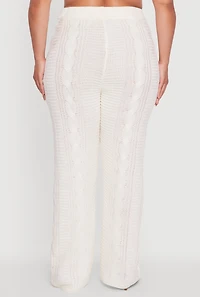 Womens Plus Size High Waisted Cable Knit Flared Leg Pants, White, Size 2X