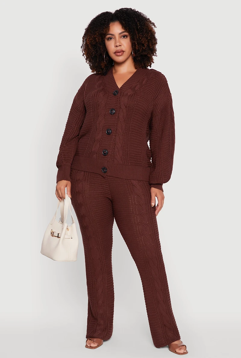 Womens Plus Size High Waisted Cable Knit Pants, Brown, Size 2X