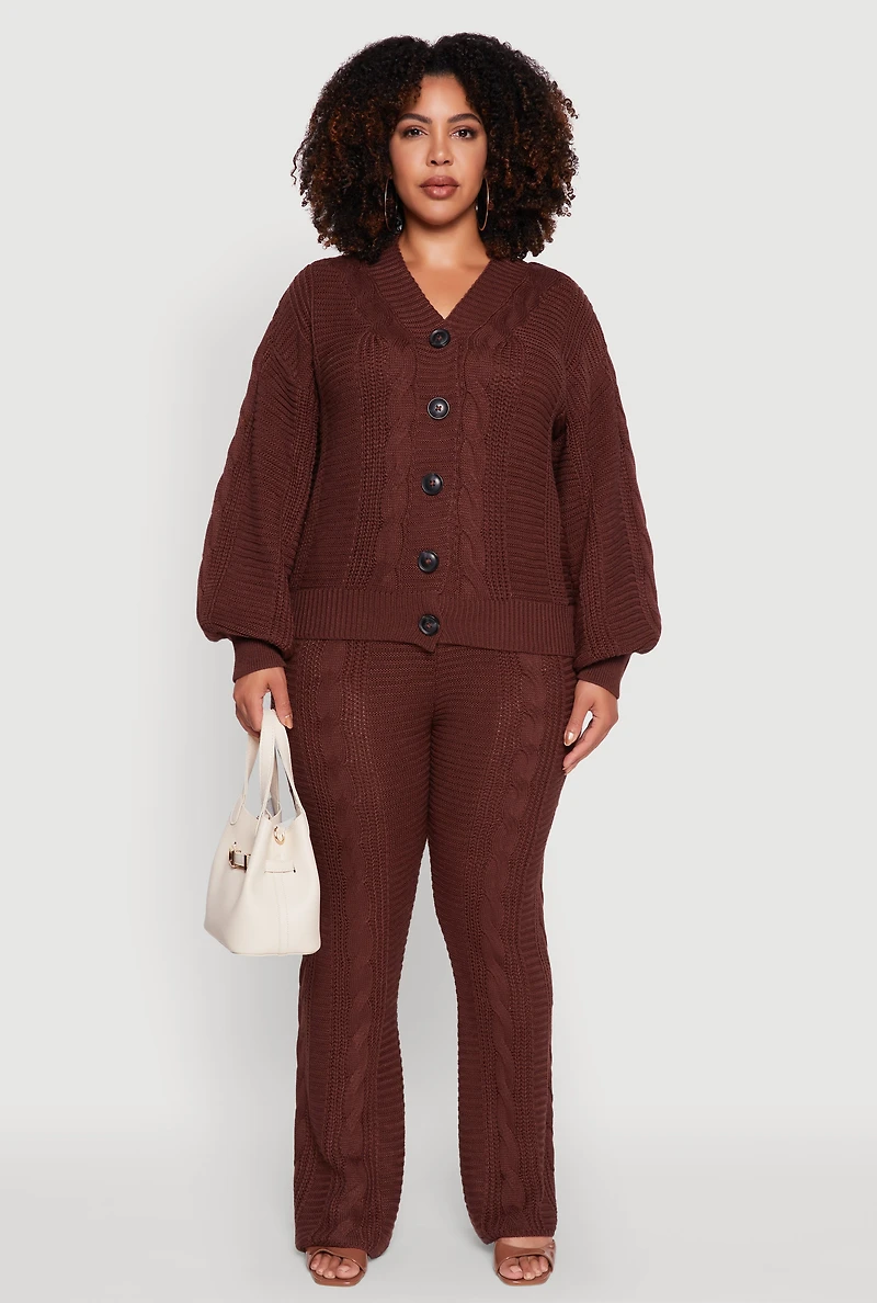 Womens Plus Size High Waisted Cable Knit Pants, Brown, Size 2X