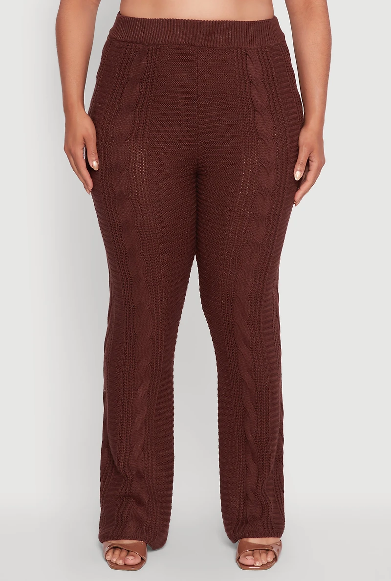 Womens Plus Size High Waisted Cable Knit Pants, Brown, Size 2X