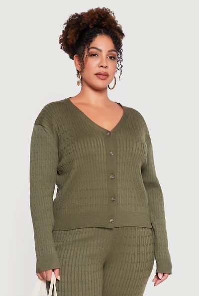 Plus Cable Knit Button Front Cardigan