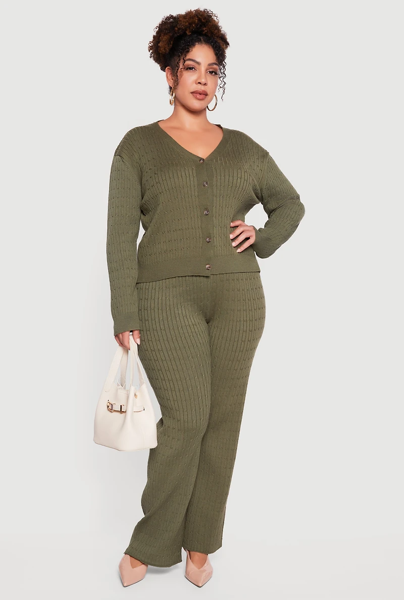 Womens Plus Size Cable Knit Button Front Cardigan, Green, Size 3X