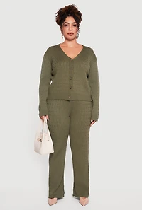 Womens Plus Size Cable Knit Button Front Cardigan, Green, Size 3X