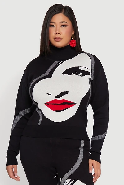 Womens Plus Size Ribbed Knit Face Graphic Mock Neck Sweater, Black, Size 1X