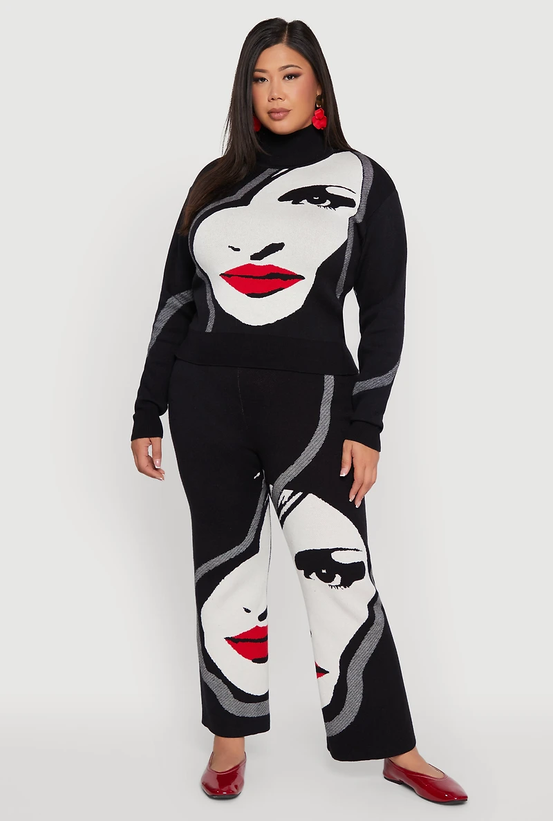 Womens Plus Size Ribbed Knit Face Graphic Mock Neck Sweater, Black, Size 1X