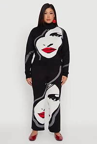 Womens Plus Size Ribbed Knit Face Graphic Mock Neck Sweater, Black, Size 1X