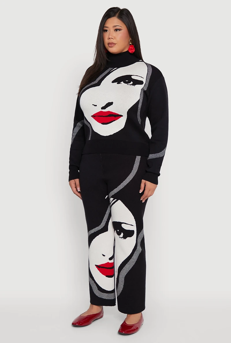Womens Plus Size Ribbed Knit Face Graphic Mock Neck Sweater, Black, Size 1X