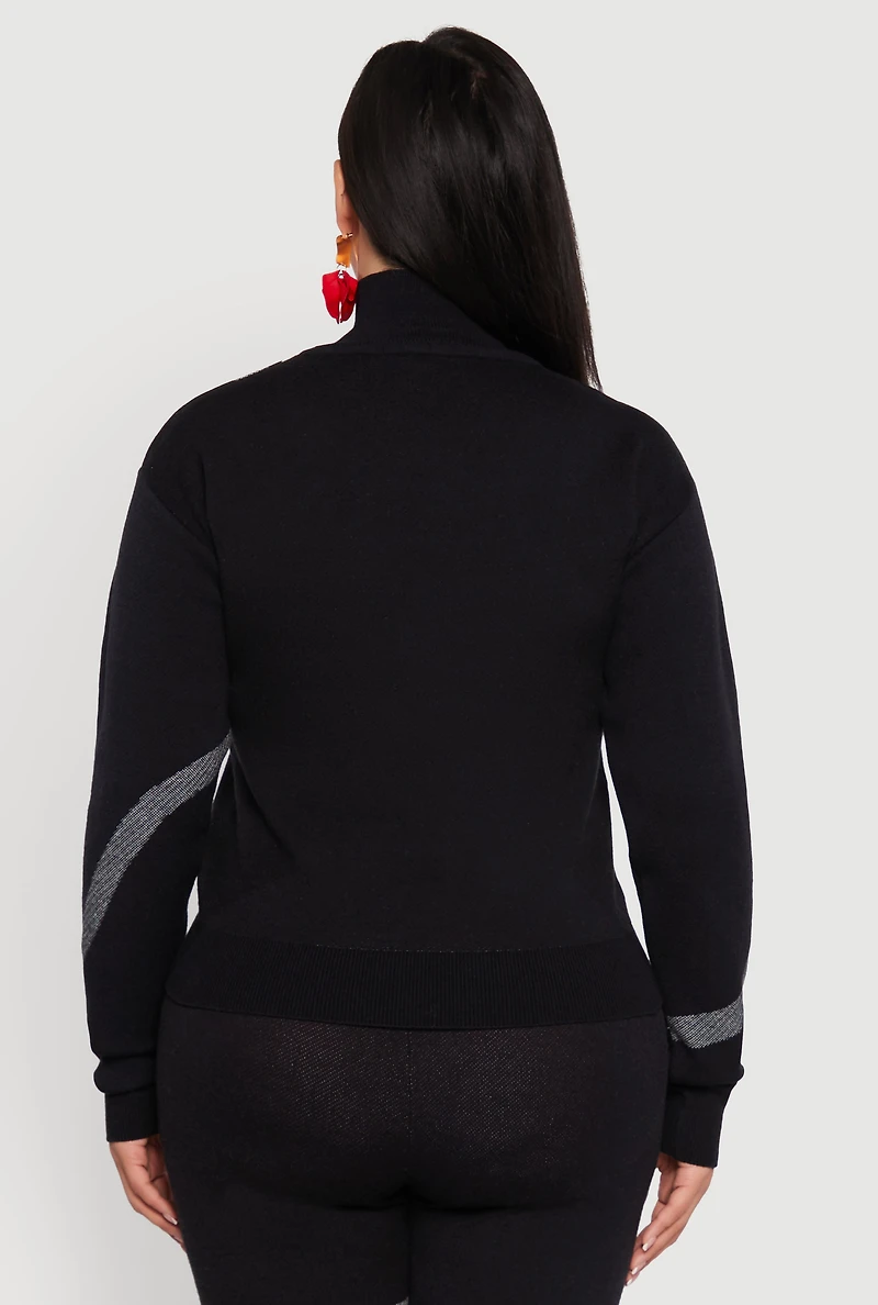Womens Plus Size Ribbed Knit Face Graphic Mock Neck Sweater, Black, Size 1X