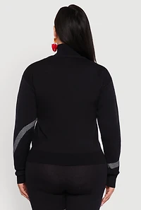 Womens Plus Size Ribbed Knit Face Graphic Mock Neck Sweater, Black, Size 1X