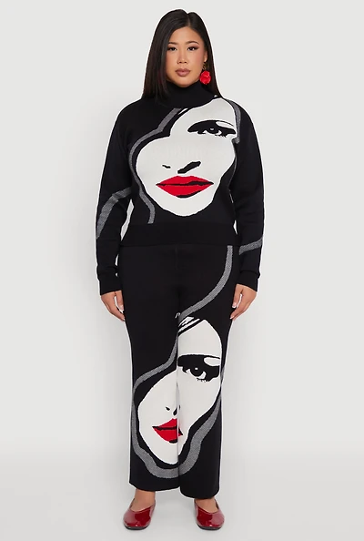 Womens Plus Size Ribbed Knit Face Graphic Wide Leg Pants, Black, Size 1X