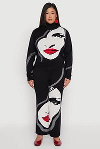 Womens Plus Size Ribbed Knit Face Graphic Wide Leg Pants, Black, Size 1X