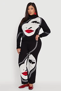 Womens Plus Size Ribbed Knit Face Graphic Wide Leg Pants, Black, Size 1X