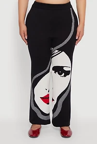 Womens Plus Ribbed Knit Face Graphic Wide Leg Pants, Black,