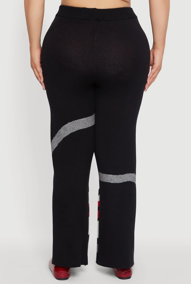 Womens Plus Ribbed Knit Face Graphic Wide Leg Pants, Black,