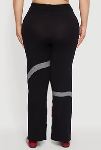 Womens Plus Ribbed Knit Face Graphic Wide Leg Pants, Black,