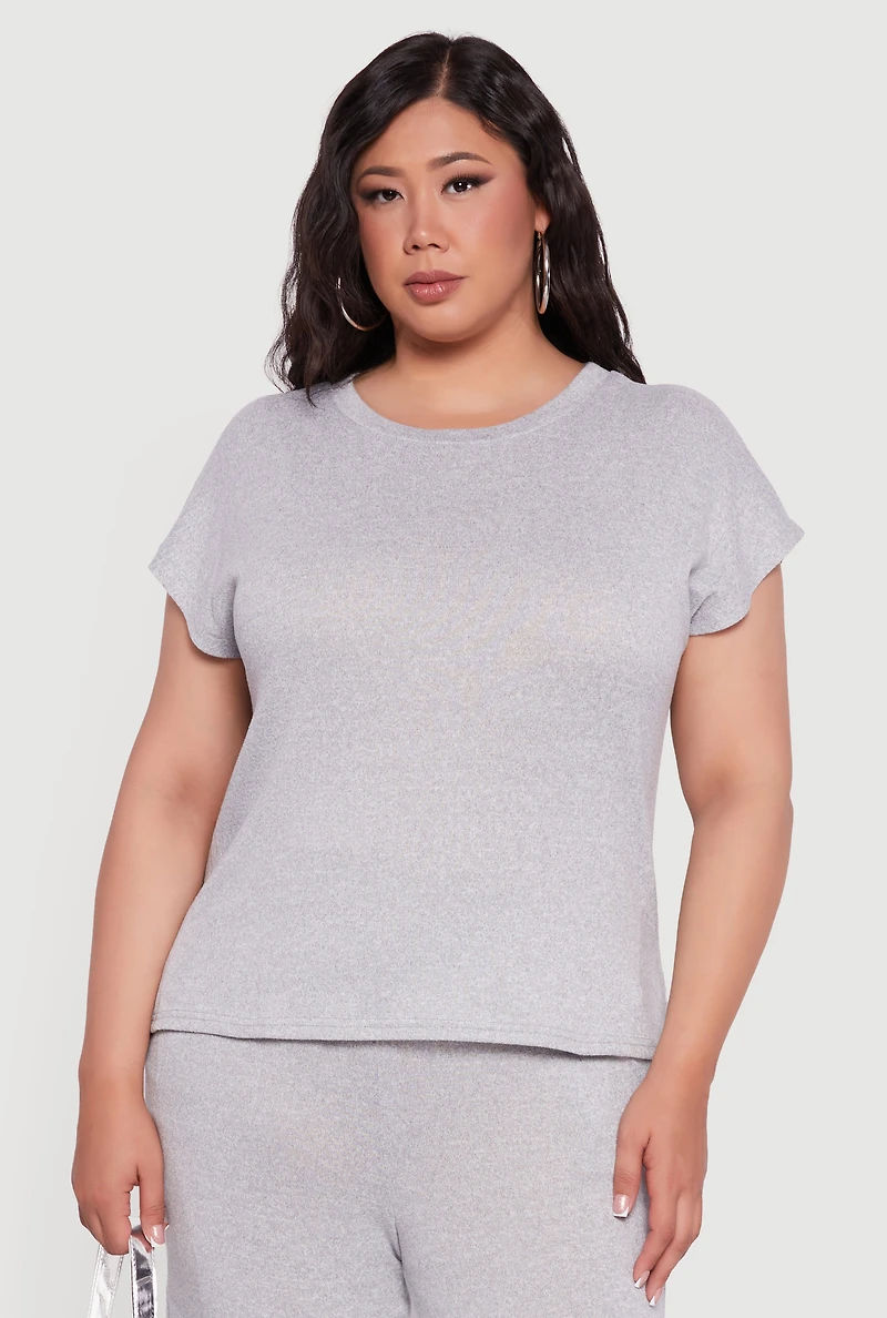 Womens Plus Marled Brushed Knit Cap Sleeve Blouse,