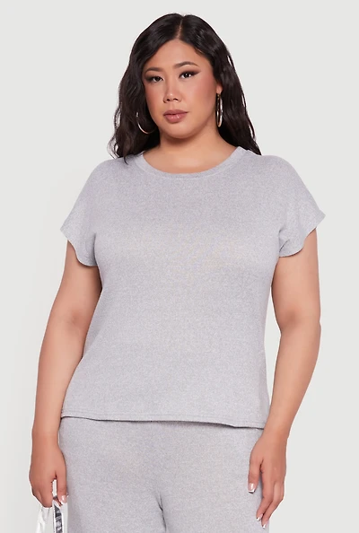 Womens Plus Marled Brushed Knit Cap Sleeve Blouse,