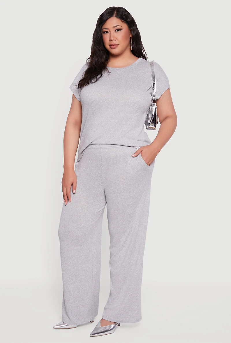 Womens Plus Size Marled Brushed Knit Crew Neck Blouse, Grey, Size 1X