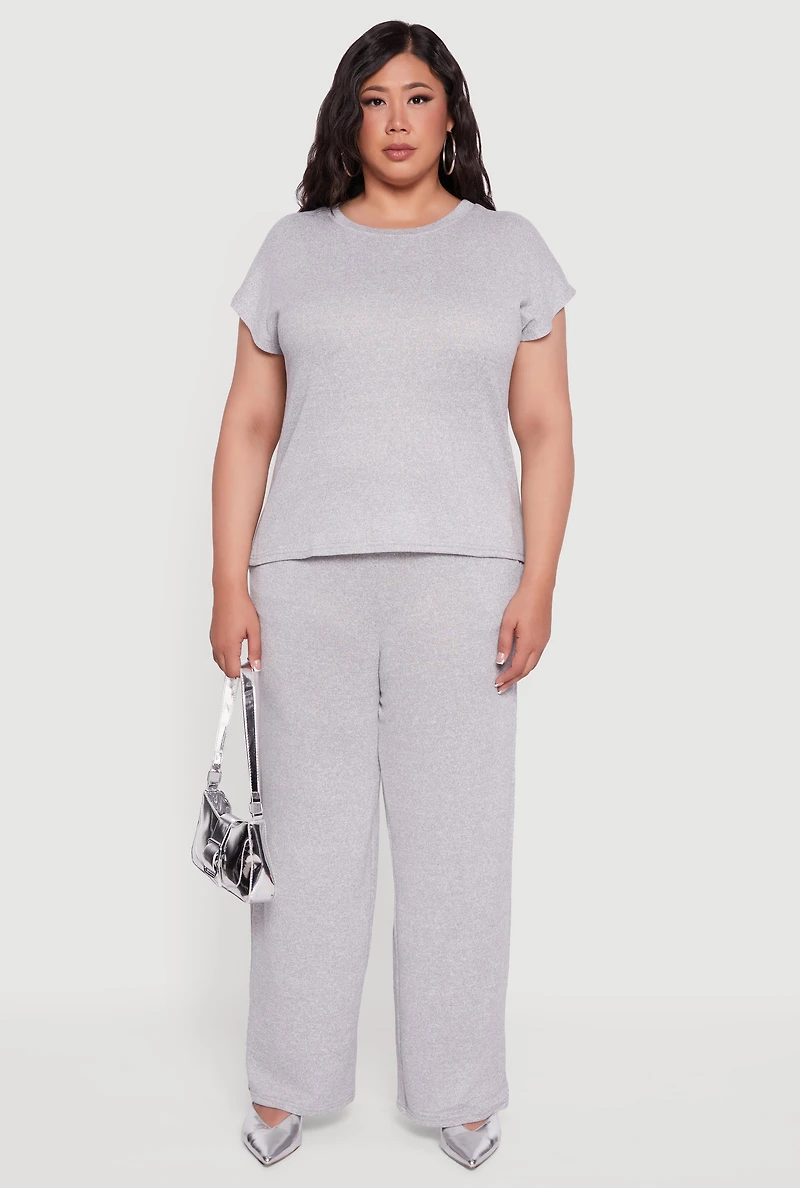 Womens Plus Size Marled Brushed Knit Crew Neck Blouse, Grey, Size 1X