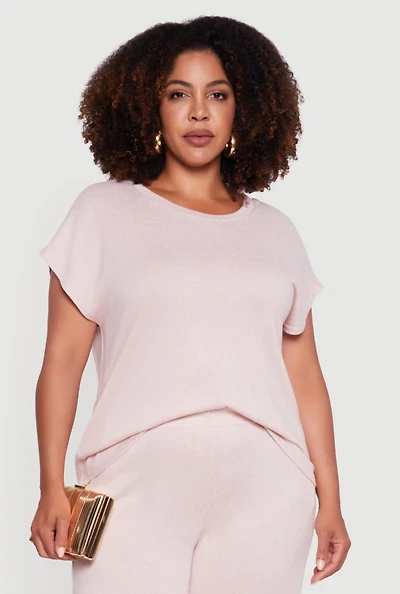 Womens Plus Size Marled Brushed Knit Crew Neck Blouse, Pink, Size 1X