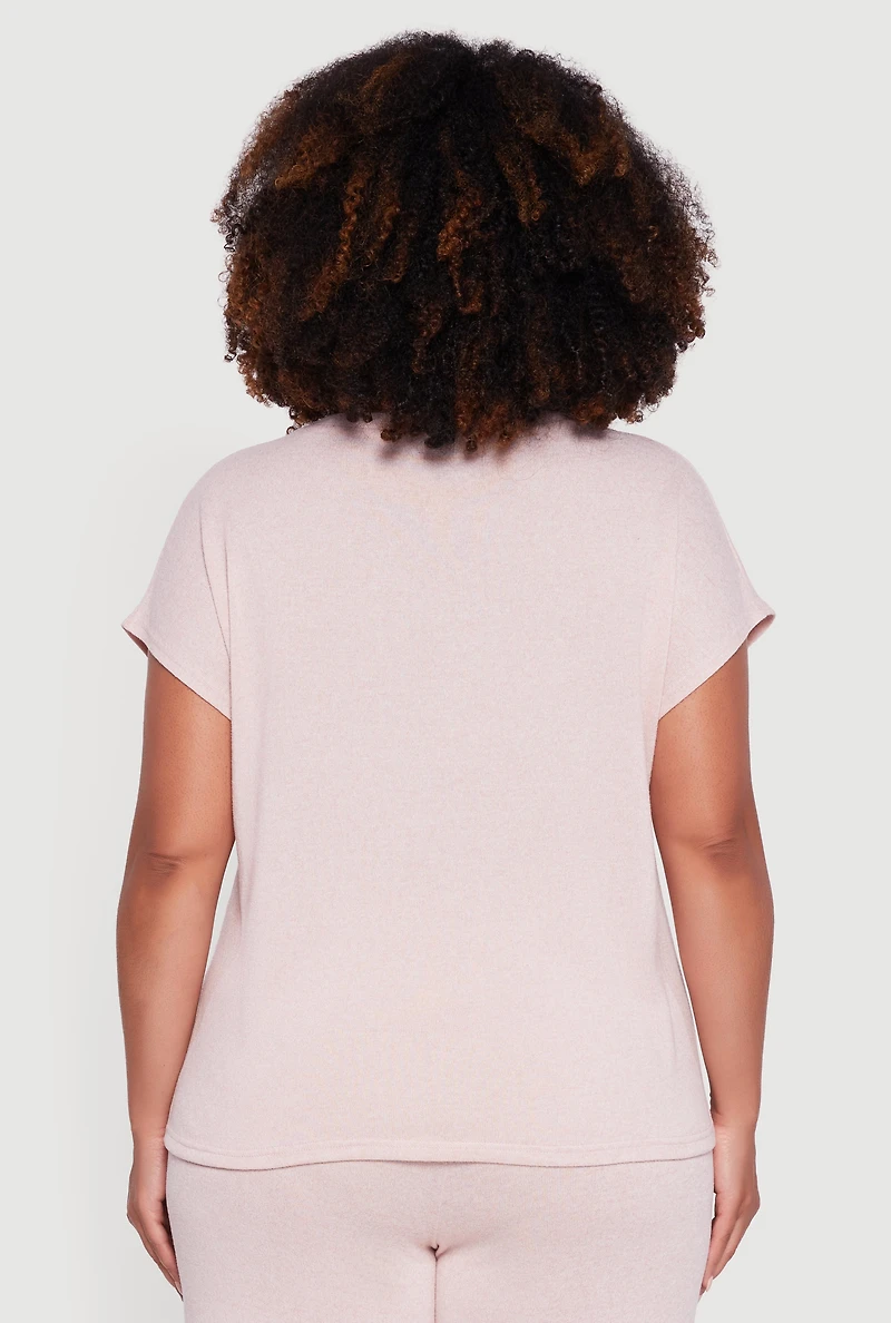 Womens Plus Size Marled Brushed Knit Crew Neck Blouse, Pink, Size 3X