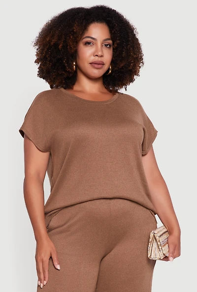 Womens Plus Size Marled Brushed Knit Crew Neck Blouse, Brown, Size 1X