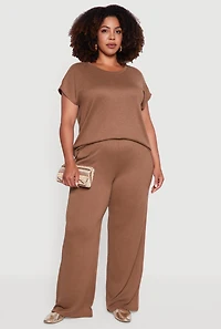 Womens Plus Size Marled Brushed Knit Crew Neck Blouse, Brown, Size 1X