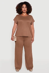 Womens Plus Size Marled Brushed Knit Crew Neck Blouse, Brown, Size 1X