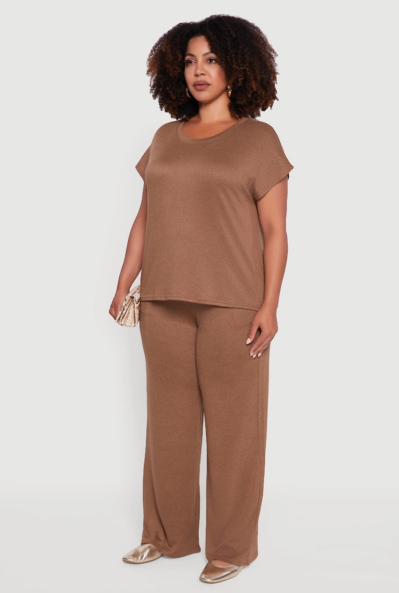 Womens Plus Marled Brushed Knit Crew Neck Blouse,