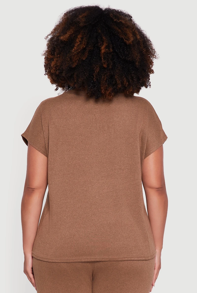 Womens Plus Marled Brushed Knit Crew Neck Blouse, Brown,