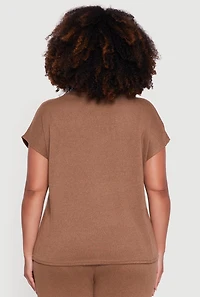 Womens Plus Marled Brushed Knit Crew Neck Blouse, Brown,