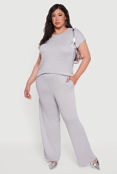 Womens Plus Marled Brushed Knit Wide Leg Pants, 3X