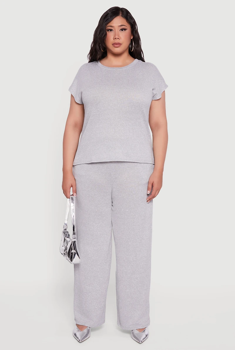 Womens Plus Marled Brushed Knit Wide Leg Pants, 2X