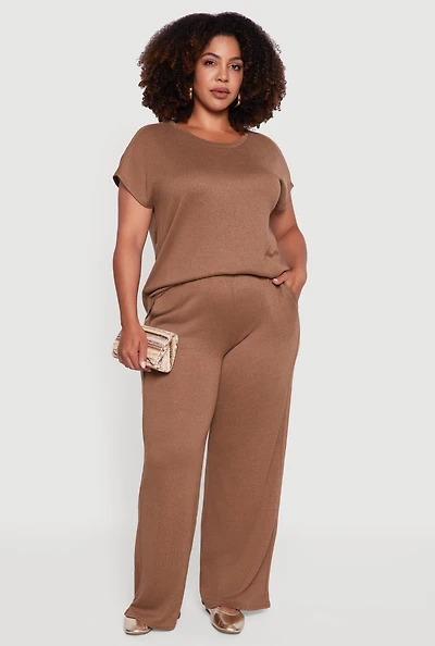 Womens Plus Size Marled Brushed Knit Wide Leg Pants, Brown, Size 3X