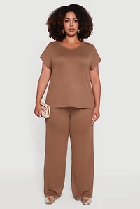 Womens Plus Size Marled Brushed Knit Wide Leg Pants, Brown, Size 3X