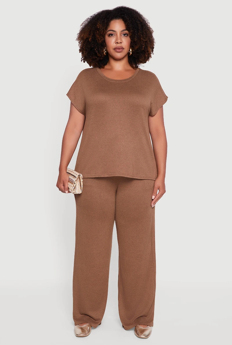 Womens Plus Size Marled Brushed Knit Wide Leg Pants, Brown, Size 2X