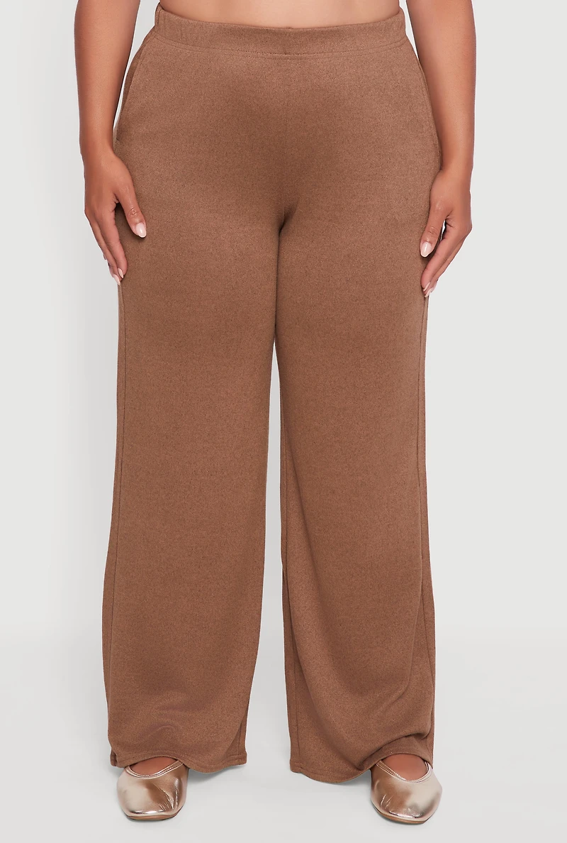 Womens Plus Size Marled Brushed Knit Wide Leg Pants, Brown, Size 3X