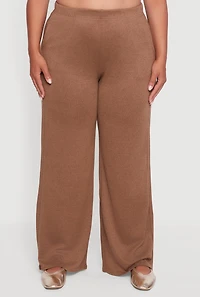Womens Plus Size Marled Brushed Knit Wide Leg Pants, Brown, Size 3X