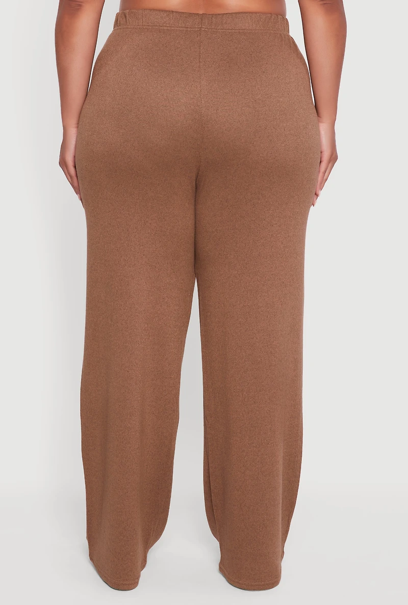 Womens Plus Size Marled Brushed Knit Wide Leg Pants, Brown, Size 3X