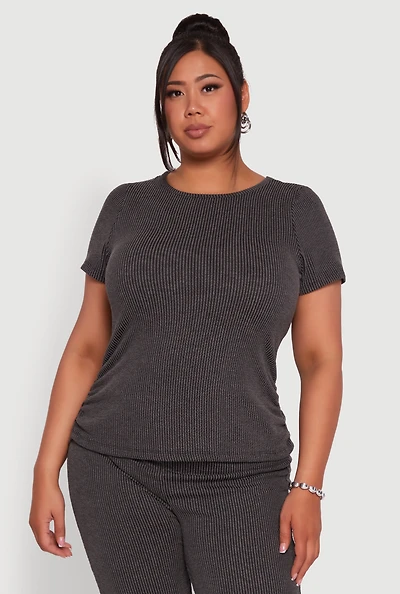 Womens Plus Size Ribbed Knit Classic Fit Solid Crew Neck T-Shirt, Grey, Size 2X