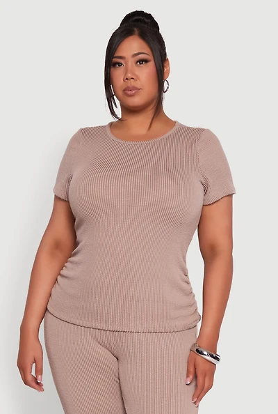 Womens Plus Ribbed Knit Classic Fit Solid Crew Neck T-Shirt,